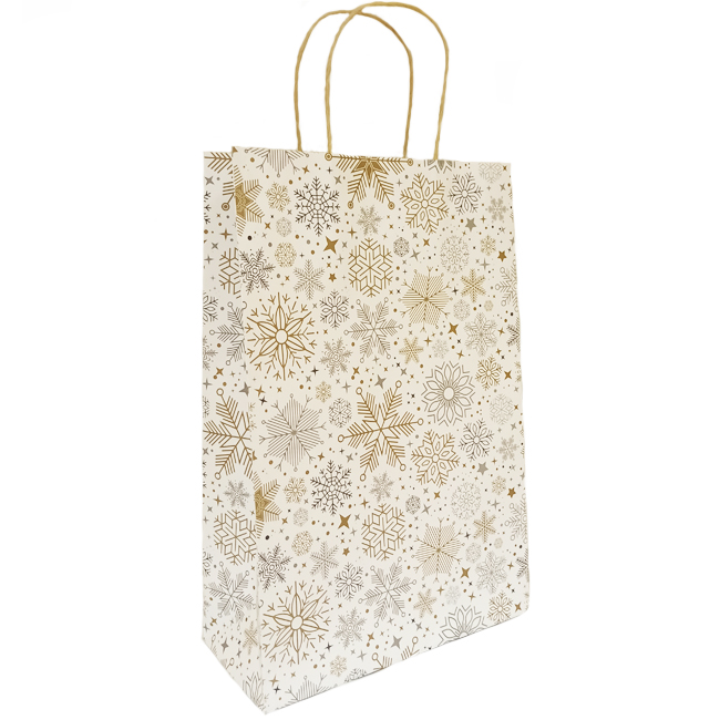 Подарочный пакет "Золотые, серые и серебряные снежинки" 240х350х100