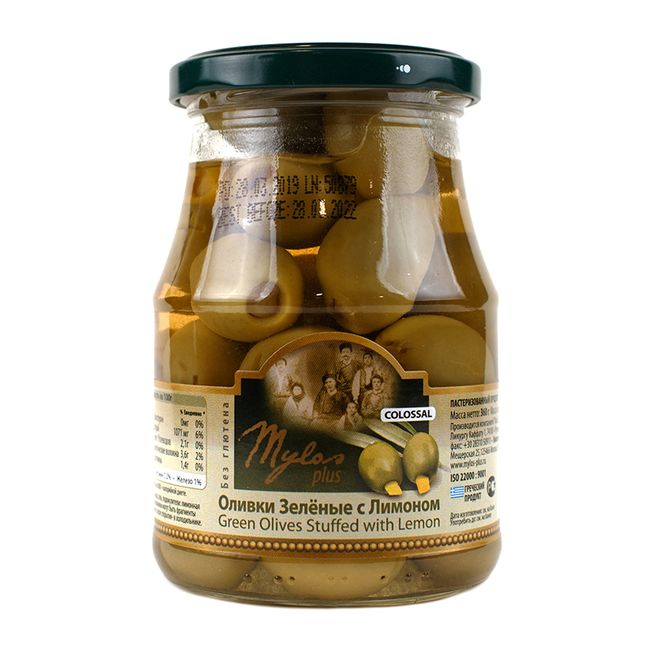 Оливки зелёные с лимоном 360 г Mylos plus