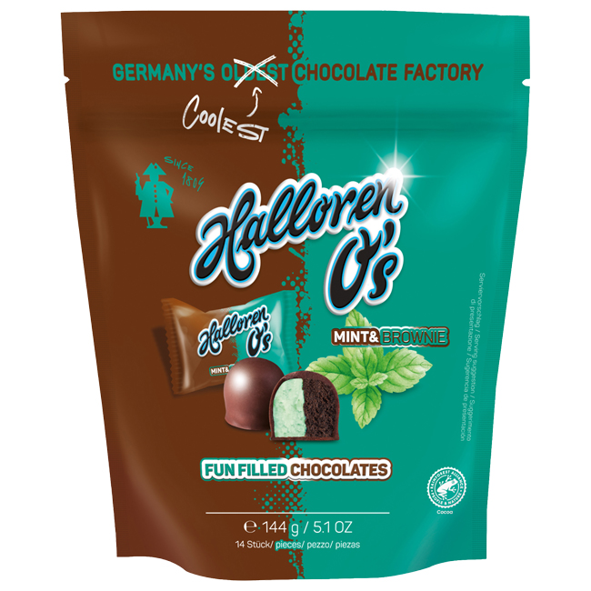 Шоколадные конфеты с начинкой со вкусом мяты и брауни 144 г Halloren O's