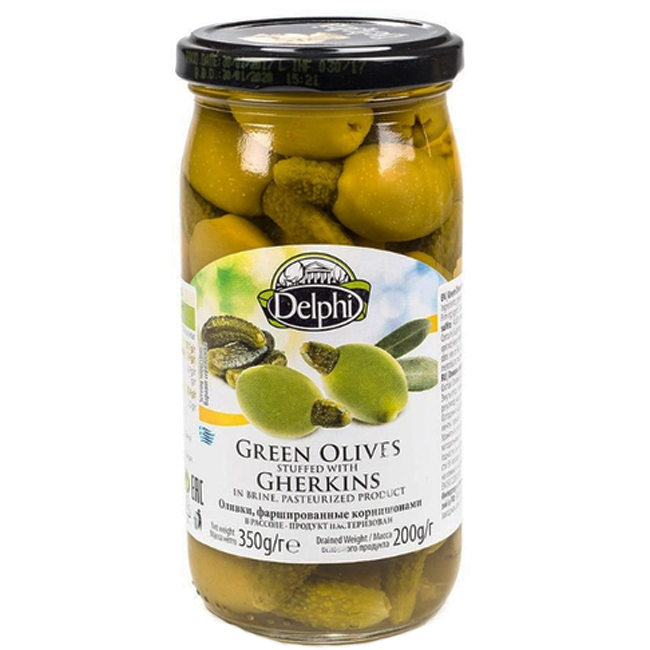 Оливки фаршированные корнишонами 350 г Delphi