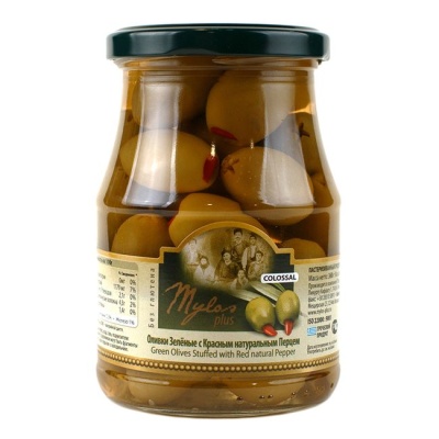 Оливки зелёные с красным перцем 360 г Mylos plus